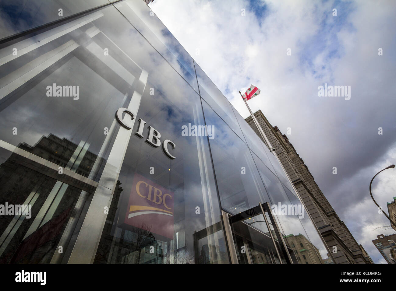 MONTREAL, CANADA - NOVEMBER 7, 2018: CIBC logo, in front of their main office for Montreal, Quebec, in Tour CIBC. Called as well Canadian Imperial Ban Stock Photo