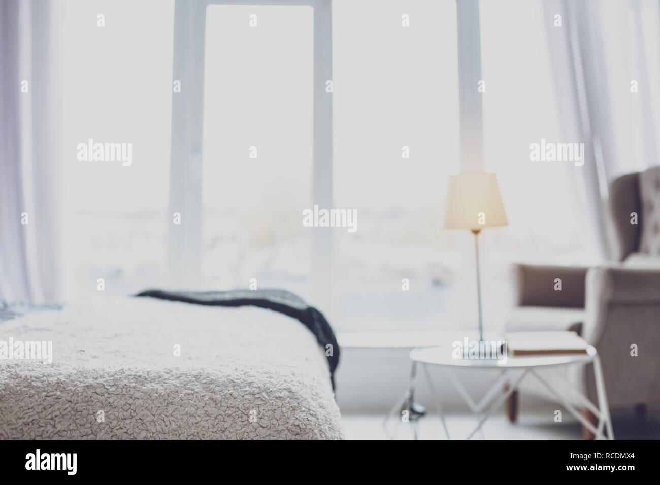 Modern Cozy Bedroom In White Tones Stock Photo 231412444