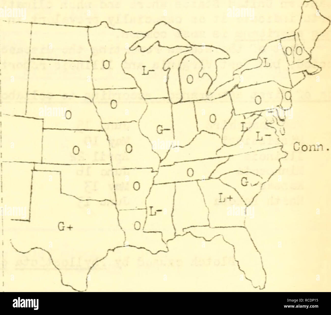 . Diseases of fruit and nut crops in the United States in 1921. Fruit Diseases and pests United States; Nuts Diseases and pests United States. PLU!i AT© PRUiS - Bacterial spot 89 Bacterial spot caused by Bacteria&quot;: pruni EPS The accompanying map (?ig. 19) shov.'s the distribution and importance of bacterial r-pot of plum as it was reported during 192I. The less due to this disease was estimated at 1% in South Carolina and 3^ in Texas, while in other states it was not rnorc than a trace. Connecticut reported fruit t?pot; Virginia, limb cankers; I'dssissippi, leaf ' , spot; C-eorgia, fruit  Stock Photo