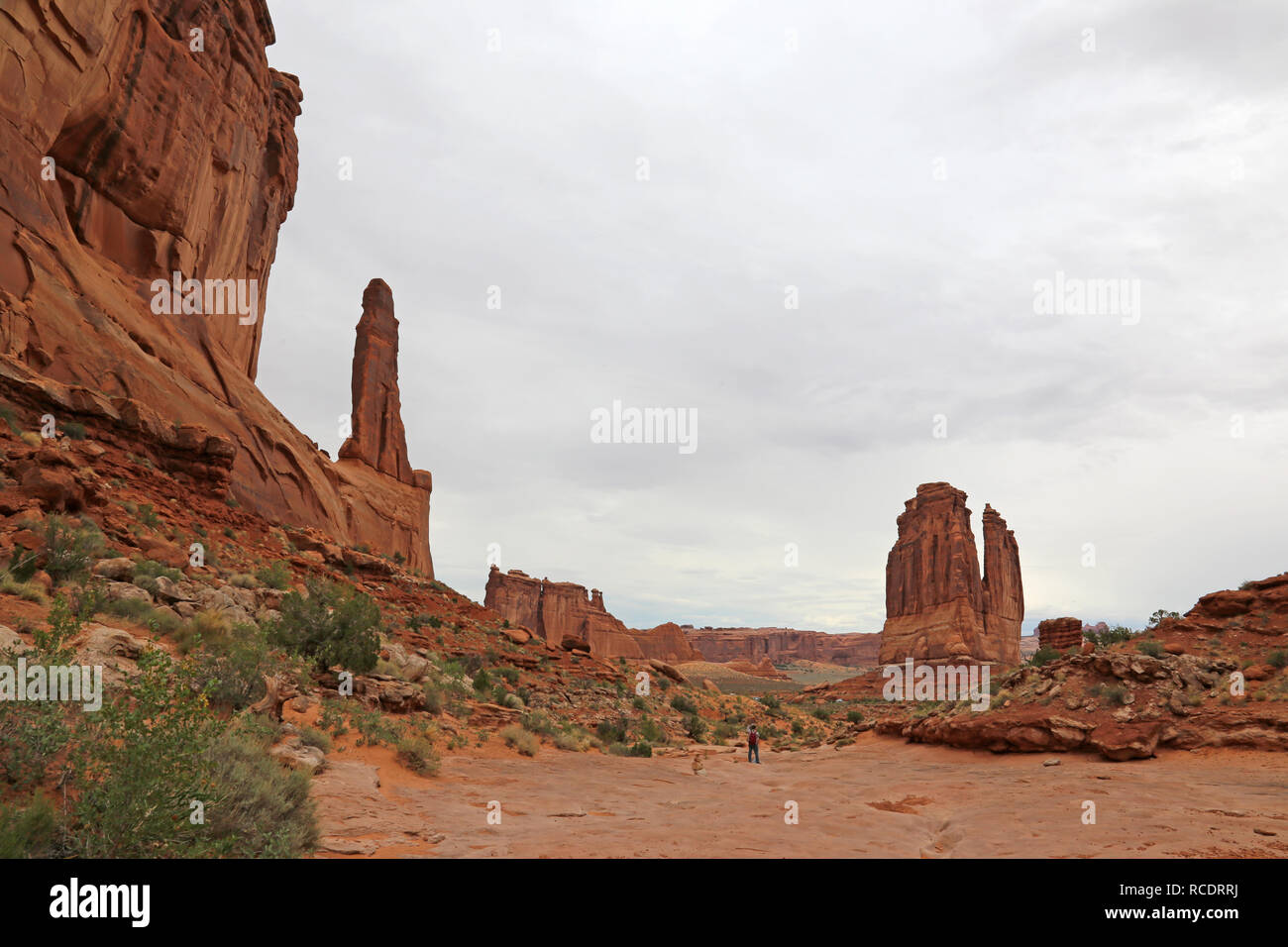 A hiker taking in the Park Avenue Trail in Arches National Park, near Moab, Utah. Stock Photo