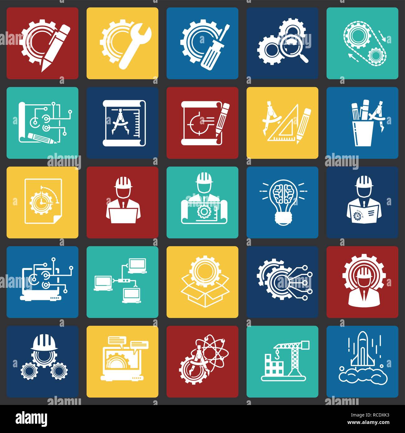 Engineering icons set on color squares background for graphic and web ...