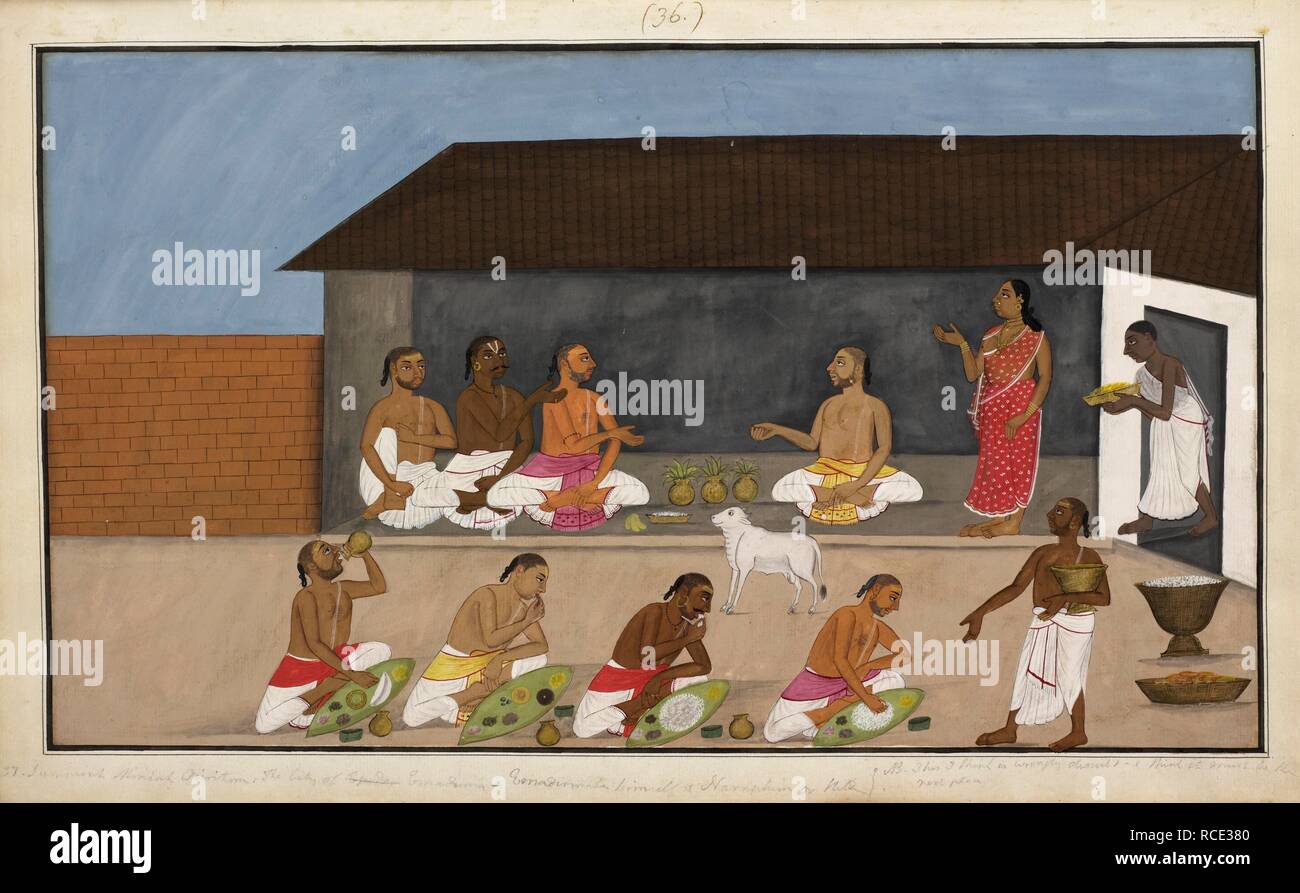 The Ekahum ceremony, consisting of the release of a bull. A young bull stands in the courtyard of the deceased's house. His eldest son performs a sacrifice with rice, plantains and three brass pots of water decorated with mango leaves. The widow is dressed in her finest clothes and a feast is given to the Brahmins. The Lives of the Brahmins. c.1820. Source: Add.Or.4354. Stock Photo