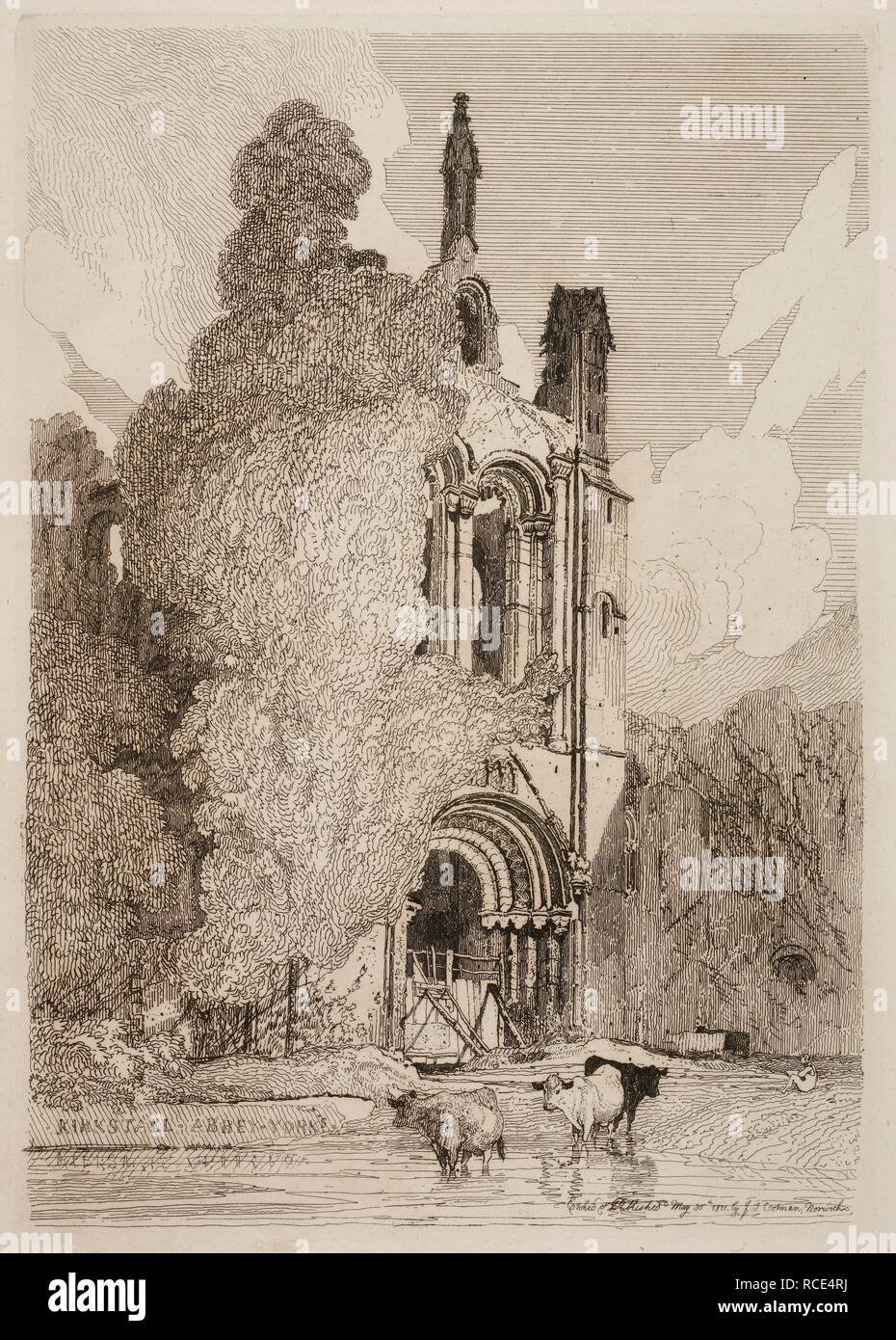 Etching by John Sell Cotman of Kirkstall Abbey church ruins. Cows in the river. . Etchings by John Sell Cotman. London England. Source: 199.i.6 Plate 17. Stock Photo