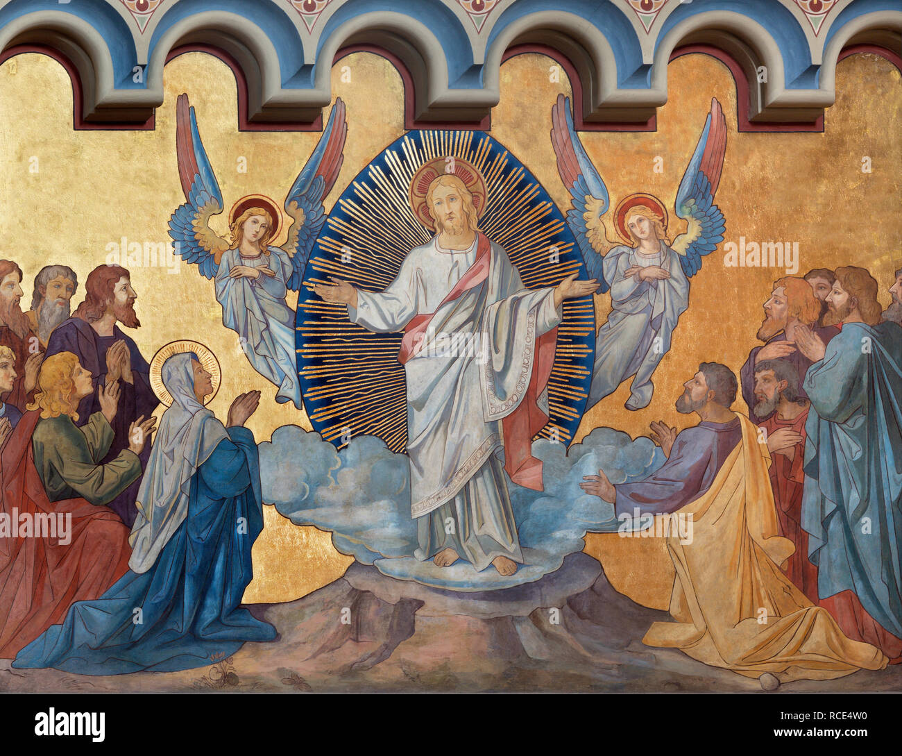 PRAGUE, CZECH REPUBLIC - OCTOBER 17, 2018: The fresco of Ascension of the Lord the in church kostel Svatého Cyrila Metodeje by  František Sequens Stock Photo