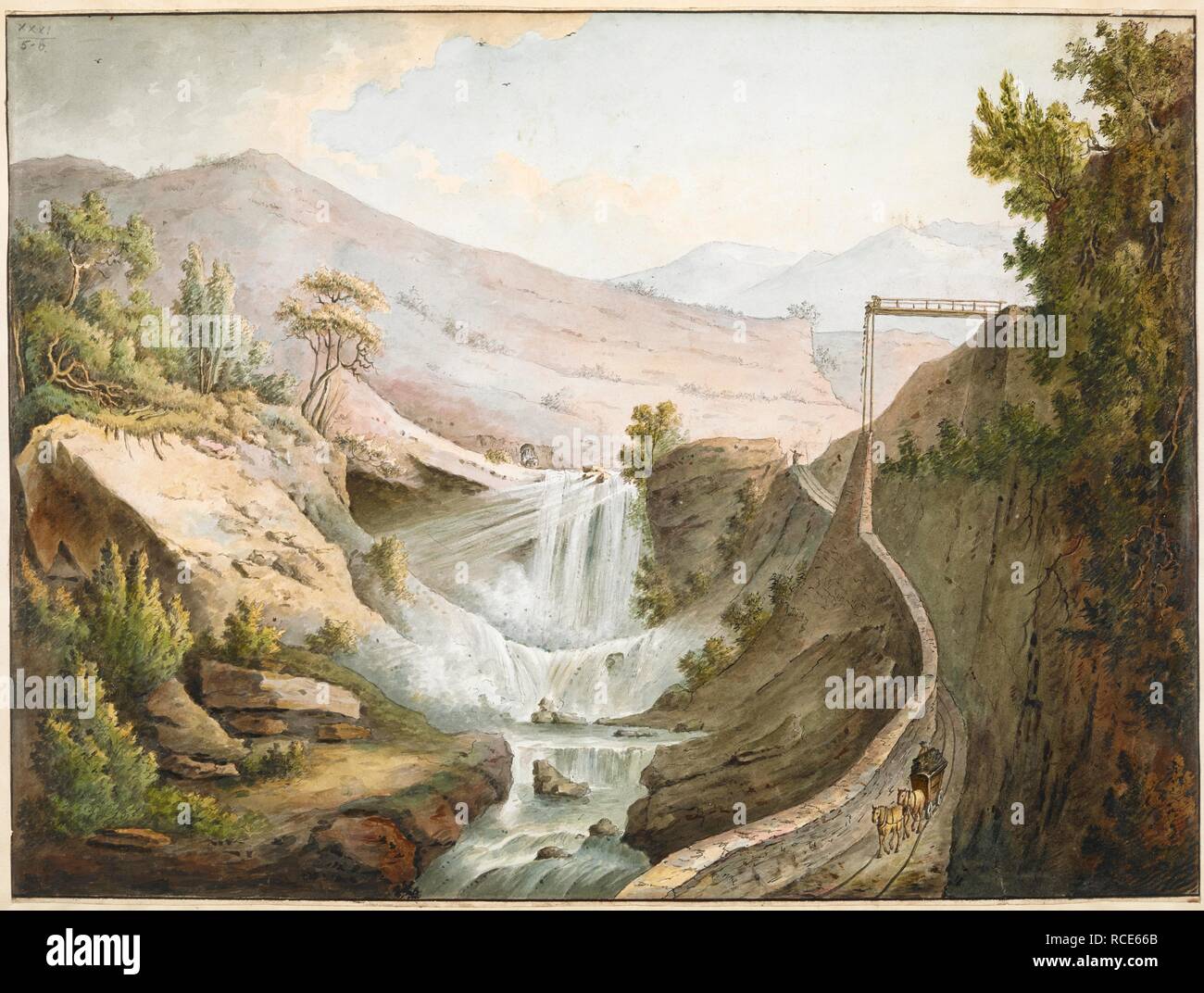 A view of the Iron Mines and Waterfall on the Coal Pitt Road : near Abergavenny, South Wales. A large waterfall in the centre of the scene; part of a mine above and to the right; a horse laden with coal on a steep road; trees and foliage throughout the scene; mountains in the distance. Inscribed with title in pencil on verso.   . A view of the Iron Mines & Waterfall on the Coal Pitt Road : near Abergavenny, South Wales. Wales, around 1760-1790. 1 drawing : pen and black ink with watercolour ; sheet 36.2 x 48.1 cm. Source: Maps. K.Top.31.5.b. Stock Photo