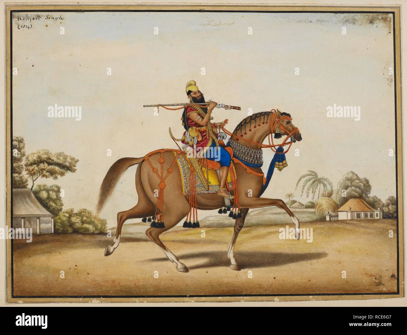 Portrait of a bodyguard of Rangit Singh with a matchlock, and bow and arrows, mounted on a richly caparisoned horse. Inscribed in Persian characters and in English. Skinner Album. Delhi, 1820-1830. Watercolour. Source: Add.Or.1248. Language: Persian. Author: Ghulam Ali Khan. Stock Photo