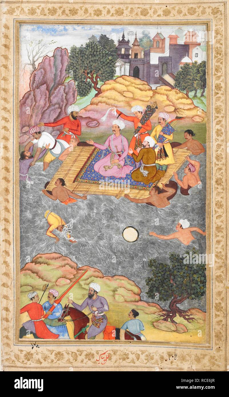 Babur being towed across a river on a raft (Pak). Vaki'at-i Baburi, the Memoirs of Babur, translated from the Turki original by Mirza 'Abd al-Rahim, Khan-i khanan. One hundred and forty-three miniatures (mostly with attributions). c.1590. Opaque watercolour. Mughal style; Mughal/Akbar style. Source: Or. 3714 Vol.3 f.333v. Stock Photo