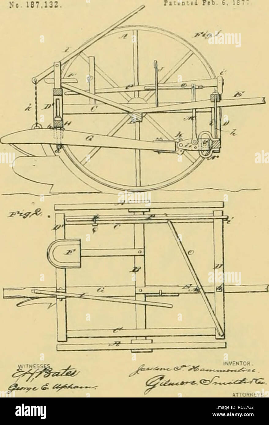 . Digest of agricultural implements, patented in the United States from A.D. 1789 to July 1881 ... Agricultural machinery; Patents. 1136 PLOWS-WHEEL OR SULKY J. r, HAKMOKTREE.. }. R. CUKUIilS. GASG-PLOW Si 187.515. rj-..nttJ f&lt;b. SO, 1317. Please note that these images are extracted from scanned page images that may have been digitally enhanced for readability - coloration and appearance of these illustrations may not perfectly resemble the original work.. Allen, James T. (James Titus); United States. Patent Office. [New York, Printed by J. C. Von Arx Stock Photo