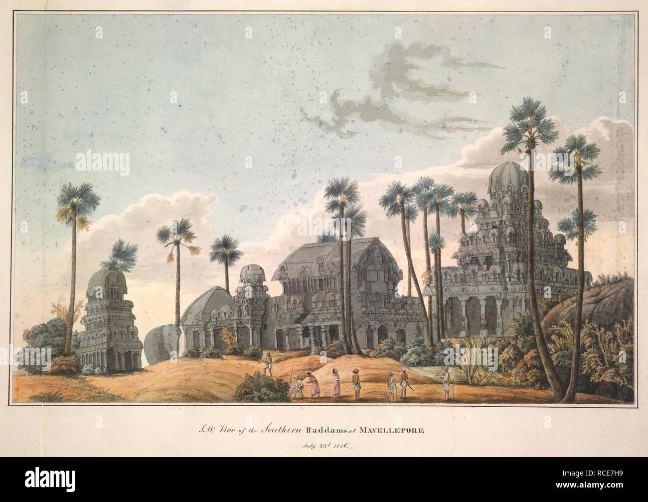 A view of the five rathas, Mamallapuram. 23rd July 1816. MacKenzie Collection. 1816. watercolour. Source: WD 2625. Language: English. Author: ANON. Stock Photo
