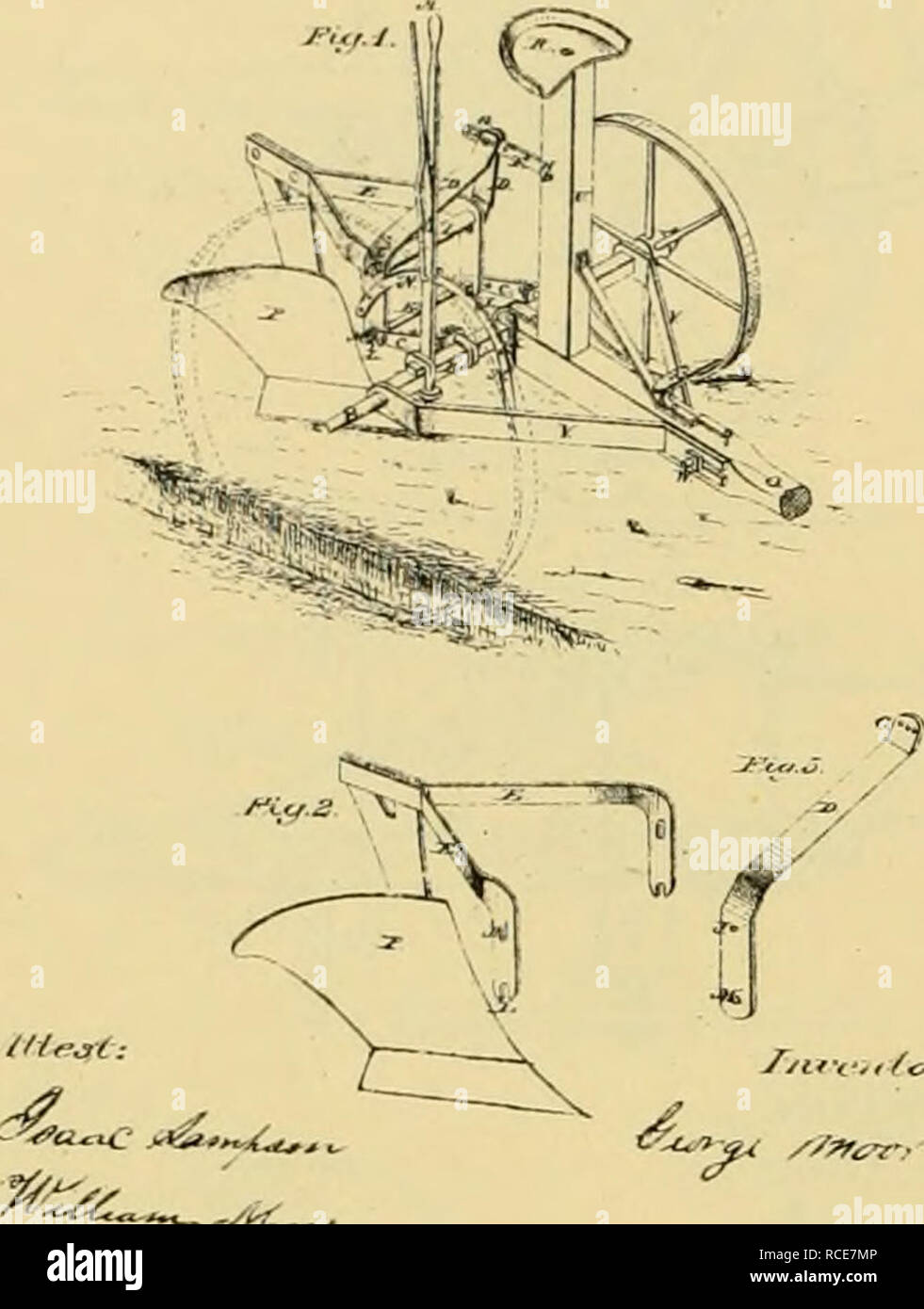 . Digest of agricultural implements, patented in the United States from A.D. 1789 to July 1881 ... Agricultural machinery; Patents. PLOWS-WHEEL OR SULKY 0. HOOR. 5OLSY-P10W.. -i*^^^ ^/^£^-. Please note that these images are extracted from scanned page images that may have been digitally enhanced for readability - coloration and appearance of these illustrations may not perfectly resemble the original work.. Allen, James T. (James Titus); United States. Patent Office. [New York, Printed by J. C. Von Arx Stock Photo
