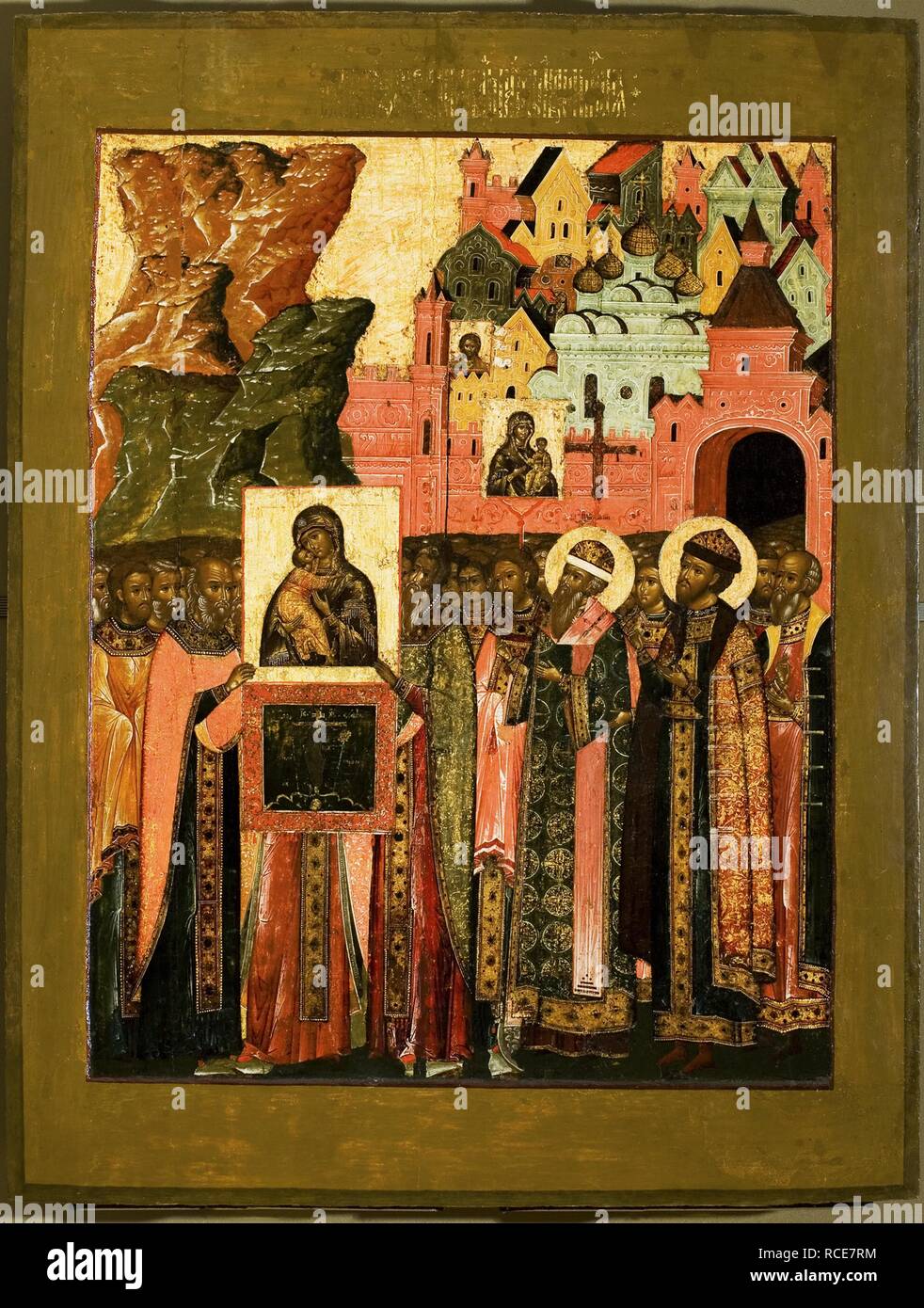 Arrival of the Icon of Our Lady of Vladimir in Moscow in 1395. Museum: State Tretyakov Gallery, Moscow. Author: Russian icon. Stock Photo