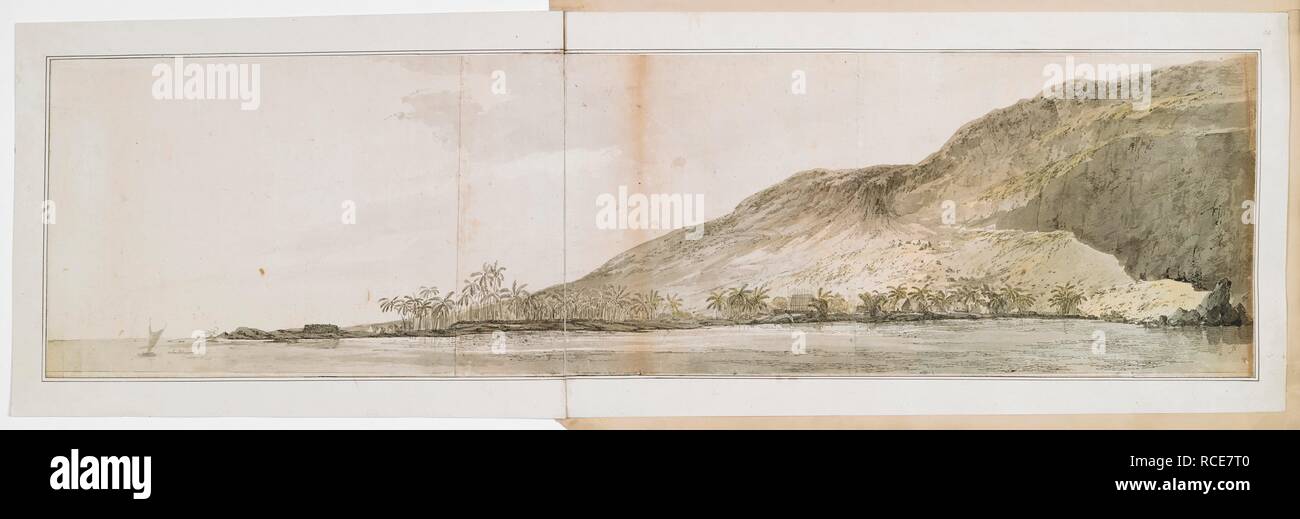 View of the north point of Kealakekua Bay, on the island of Hawaii, taken from the 'Resolution'. It was made during the visit to the Hawaiian Islands from 17 January-23 February 1779, where Captain Cook was killed on 14 February, on the Third Voyage. Drawings executed by John Webber during the Third. Hawaii; 1779. Source: Add. 17277, No.30. Language: English. Stock Photo