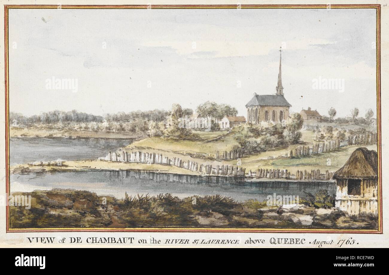 A small building on the right-hand side; the St Lawrence River in the middle ground; a church and buildings on a hill. VIEW of DE CHAMBAUT on the RIVER St LAURENCE above QUEBEC. August 1765. Watercolour. Source: Maps K.Top.119.43.7. Language: English. Stock Photo