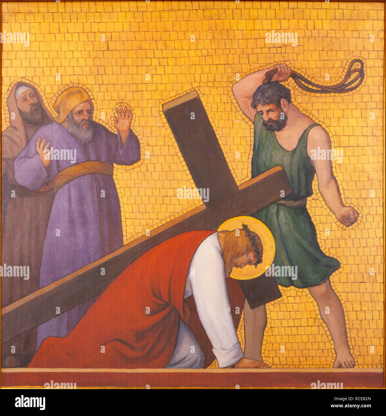PRAGUE, CZECH REPUBLIC - OCTOBER 17, 2018: The painting Jesus fall under the cross in the church kostel Svatého Cyrila Metodeje by  S. G. Rudl (1935). Stock Photo