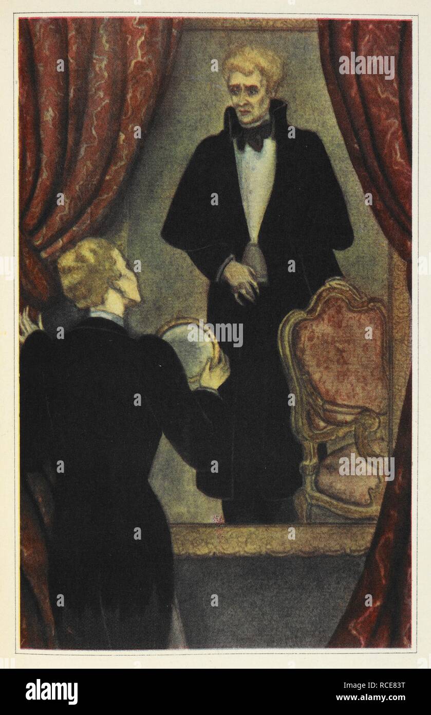 'Looking now at the evil and aging face on the canvas and now at the fair young face that laughed back at him from the polished glass'. Dorian Gray comparing his reflection in a mirror with his portrait in the painting. The Picture of Dorian Gray ... Illustrated by Majeska. [With plates.]. New York : Horace Liveright, 1930. Source: Cup.502.e.25 plate opposite page 162. Stock Photo
