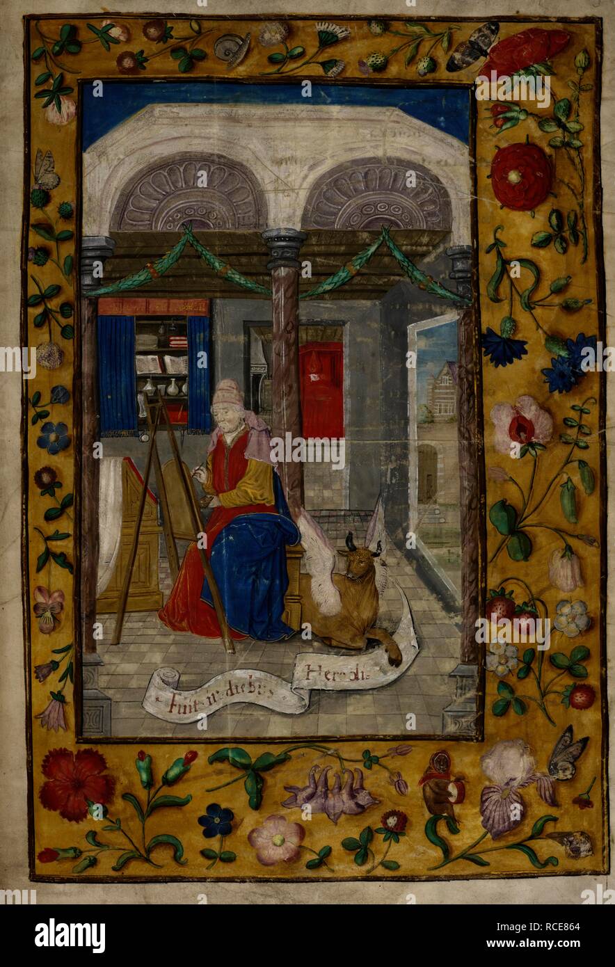 St Luke sitting at an easel, painting, accompanied by his Evangelist symbol, the calf; with strewn borders (full). Gospels of St Luke and St John, and Epistles. S. Netherlands; 1509. Source: Royal 1 E. V, volume 1, f.3. Language: Latin. Author: PETER MEGHEN. Stock Photo