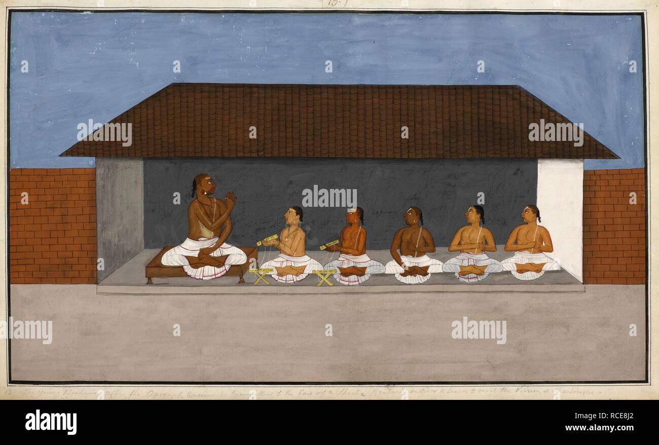 The young Brahmin after the Oopoonah-Enum is committed to the care of a Shastre-Brahmin in order to learn to read the Vedam and Shastrum. From an album of 38 watercolour drawings of ceremonies undertaken during the life of a Brahmin. The Lives of the Brahmin. c.1820. Source: Add.Or.4333. Stock Photo