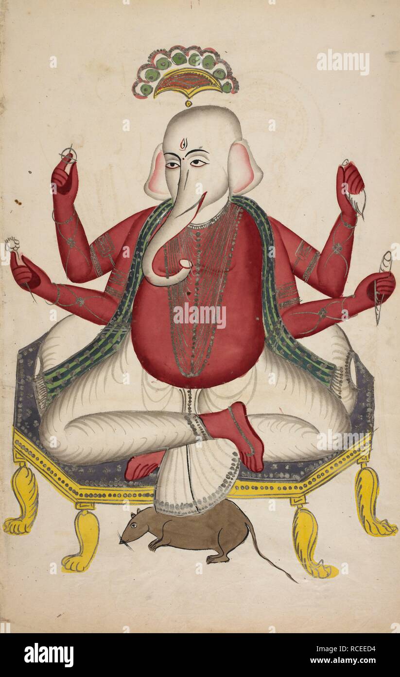 Fourarmed Ganesh, seated, with his rat beneath his stool. Ganesh is