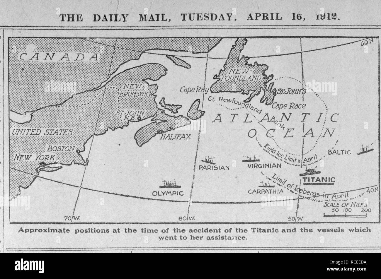 Titanic location map. The Daily Mail. London, April 16, 1912. Source: Colindale, 9. Language: English. Stock Photo