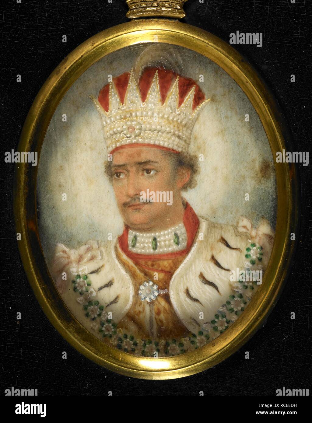 Portrait of Ghazi al-Din Haidar (Nawab and, after 1819, King of Oudh, 1814-27). Head and shoulders, wearing a crown and ermine cape. Oval; water-colour on ivory; 2.5 by 2 ins. (Amherst collection). By a Lucknow artist, 1826. Source: Add.Or. 2540. Author: ANON. Stock Photo