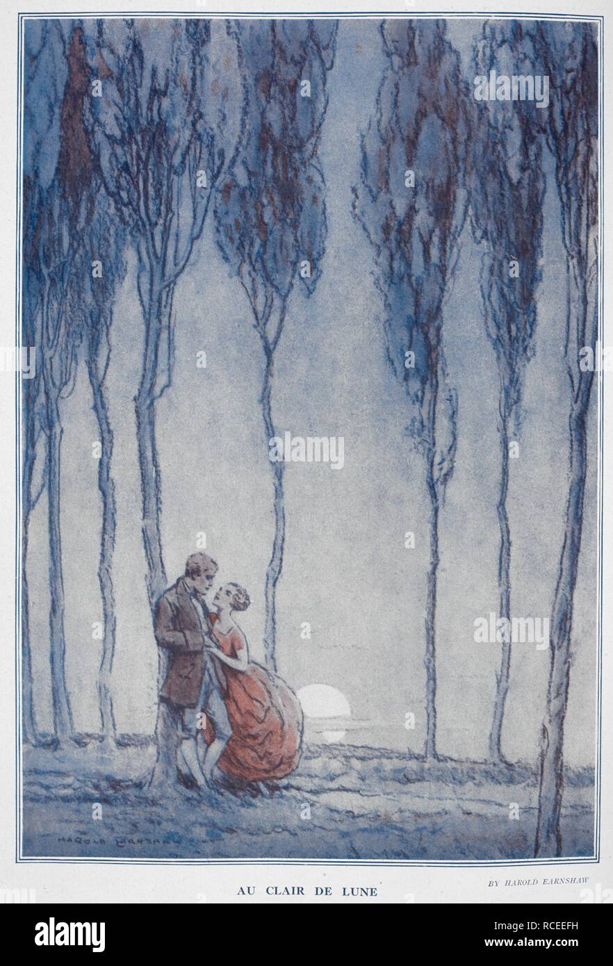 'Au clair de lune'. A couple together in the moonlight,  surrounded by trees. The bystander. London : The Bystander, 1903-1940. Source: ZC.9.d.560, p.318. Language: French. Stock Photo