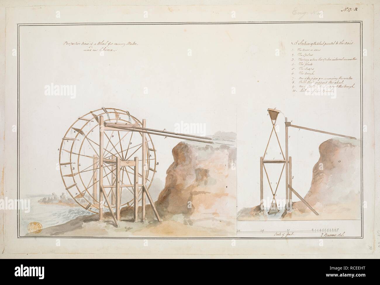 Perspective view of a Wheel for Raising water used in China. / J. Barrow del. Front and side view of a wooden water wheel, with key, scale and explanatory text at right.  . A collection of eighty views, maps, portraits and drawings illustrative of the Embassy sent to China under George, Earl of Macartney, in 1793; drawn chiefly by William Alexander, some by Sir John Barrow, Bart., some by Sir Henry Woodbine Parish, and one by William Gomm. Many of them are engraved in Sir George Staunton's Narrative of the Embassy, published in 1797. 1793. 1 drawing : ink and watercolour ; sheet 36.2 x 54 cm.  Stock Photo