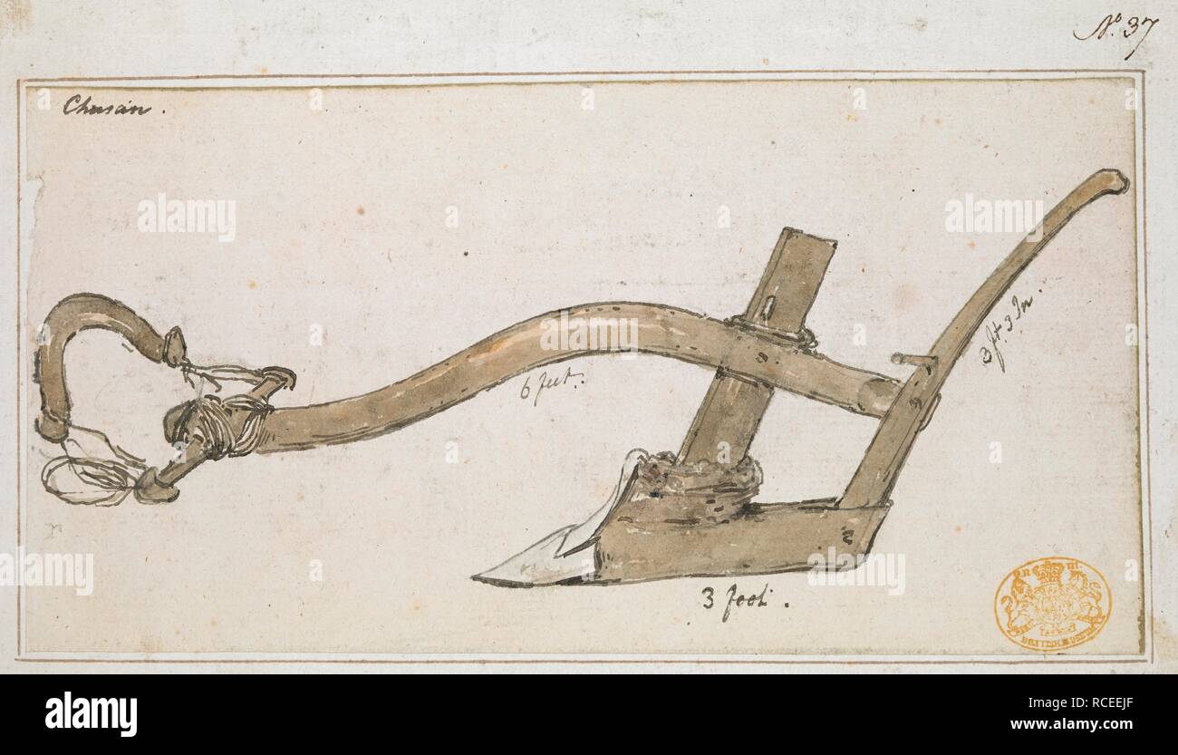 Chinese plough. Type of plough used in Zhoushan, with dimensions, annotated in black ink above: 'Chusan'. Pasted on mount with washline.   . [A collection of eighty views, maps, portraits and drawings illustrative of the Embassy sent to China under George, Earl of Macartney, in 1793; drawn chiefly by William Alexander, some by Sir John Barrow, Bart., some by Sir Henry Woodbine Parish, and one by William Gomm. Many of them are engraved in Sir George Staunton's Narrative of the Embassy, published in 1797.]. 1793. Source: Maps 8.Tab.C.8.37. Stock Photo
