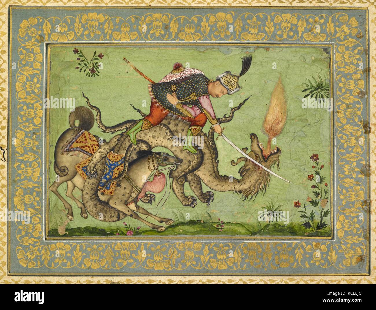 Rustam and his horse Rahksh fighting a dragon. 1640-1660. Opaque ...