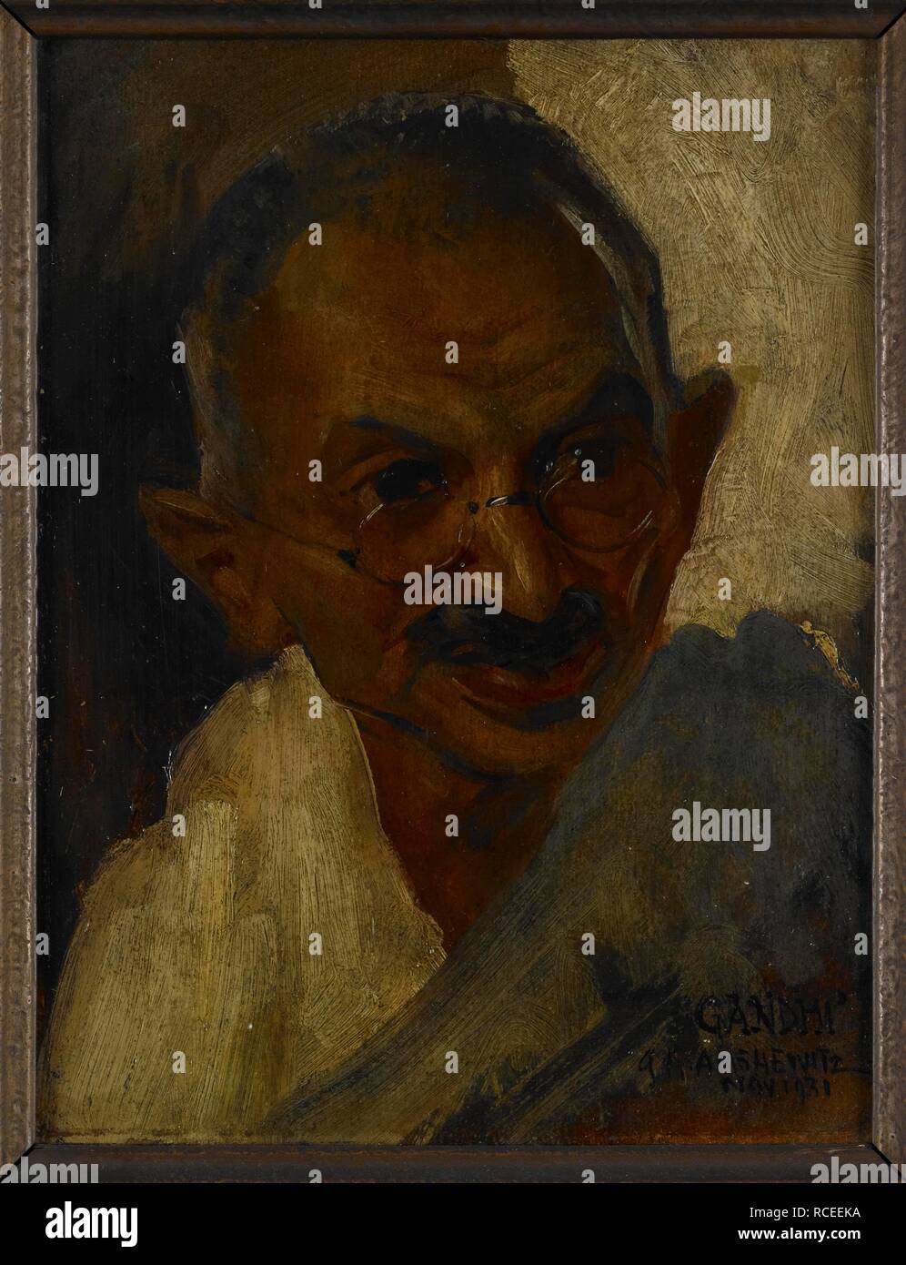 Mohandas Karamcand Gandhi (1869-1948), 1931 Head and shoulders portrait of Gandhi wearing spectacles and a shawl. This portrait study of the Indian political leader and social reformer was made during the course of Gandhiâ€™s visit to London in 1931 to act as the plenipotentiary representative of the Indian National Congress at the Second Round Table Conference. He made himself available for artists for one day in Novemember 1931. London, 1931. Oil painting. Source: Foster 839. Author: Amschewitz, John Henry. Stock Photo