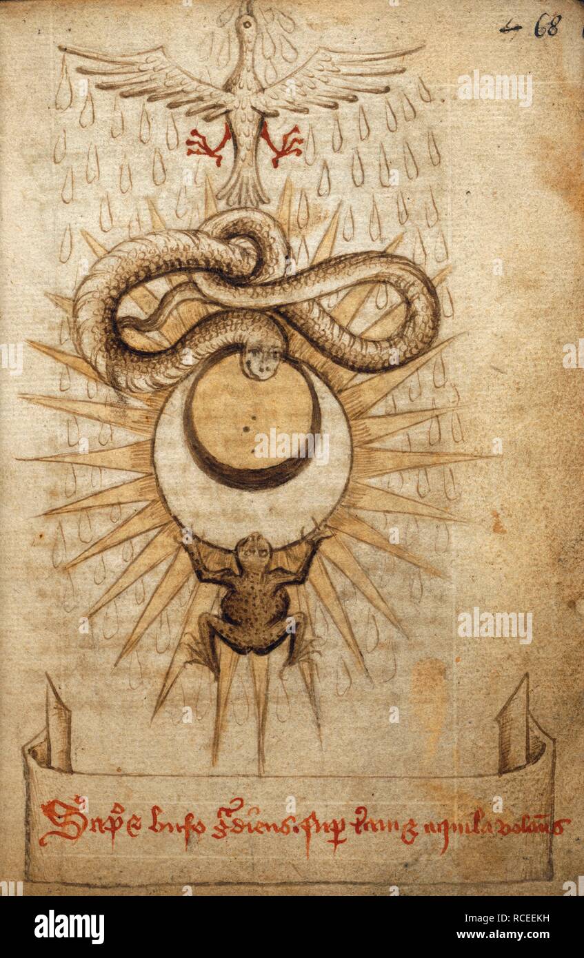 Drawings relating to alchemy. Alchemical Receipts. England; 15th century.  (Whole folio) Drawings of emblems relating to alchemy; bird with wings  outspread, coiled snake, sun, moon, and toad Image taken from Alchemical  Receipts.