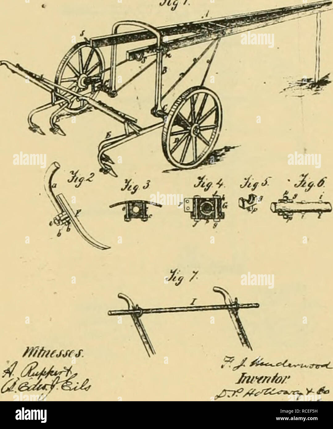 . Digest of agricultural implements, patented in the United States from A.D. 1789 to July 1881 ... Agricultural machinery; Patents. FL»VIUS J. UNDERWOOD. Improvamenl in Cultivators. No. 4,665. Raifluid D«c. 12, tB7l. yic /. J^PSS,60S.. Please note that these images are extracted from scanned page images that may have been digitally enhanced for readability - coloration and appearance of these illustrations may not perfectly resemble the original work.. Allen, James T. (James Titus); United States. Patent Office. [New York, Printed by J. C. Von Arx Stock Photo