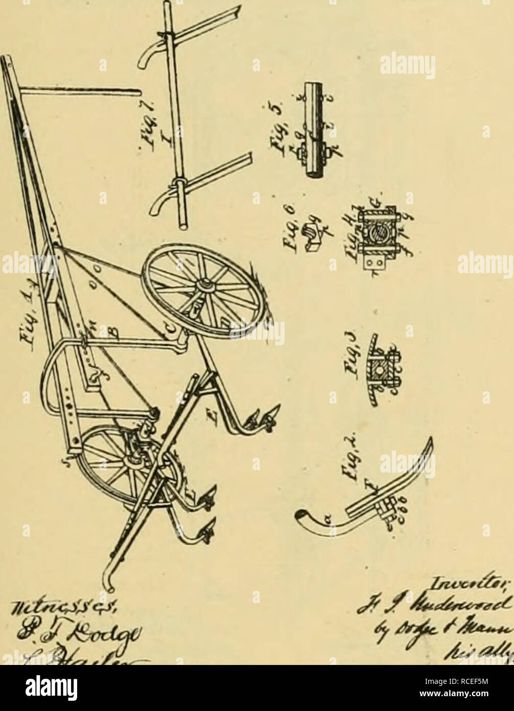 . Digest of agricultural implements, patented in the United States from A.D. 1789 to July 1881 ... Agricultural machinery; Patents. PLOW COUPLINGS.. FL»VIUS J. UNDERWOOD. Improvamenl in Cultivators. No. 4,665. Raifluid D«c. 12, tB7l. yic /. Please note that these images are extracted from scanned page images that may have been digitally enhanced for readability - coloration and appearance of these illustrations may not perfectly resemble the original work.. Allen, James T. (James Titus); United States. Patent Office. [New York, Printed by J. C. Von Arx Stock Photo
