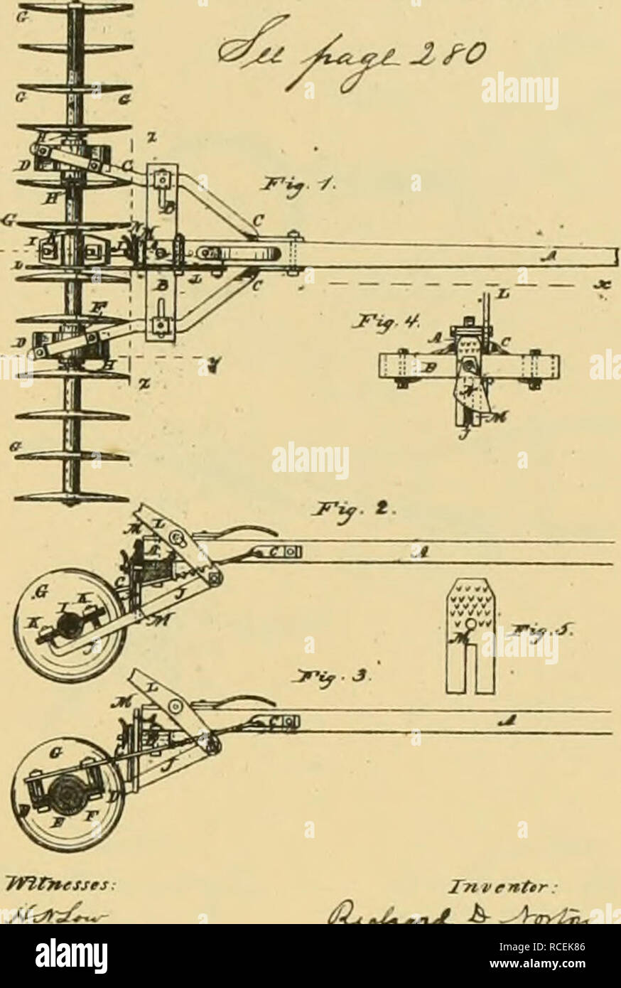 . Digest of agricultural implements, patented in the United States from A.D. 1789 to July 1881 ... Agricultural machinery; Patents. WITNESSES. PirlÂ»Â«riiioe Disk Harrow. No. 214,180. Patented April 8,1879. No. 9.678. RslMUed AprlJ 19, 1881. iumuUnlL^ â jut,dJmMiSiM ATTORNEYS. ^M l^i&gt;yrA^. T. i, OALT h Q. S. TEAOT. Disk Hirrow. 14a. 240,993 Patented May 3,1881.. Please note that these images are extracted from scanned page images that may have been digitally enhanced for readability - coloration and appearance of these illustrations may not perfectly resemble the original work.. Allen, Jame Stock Photo