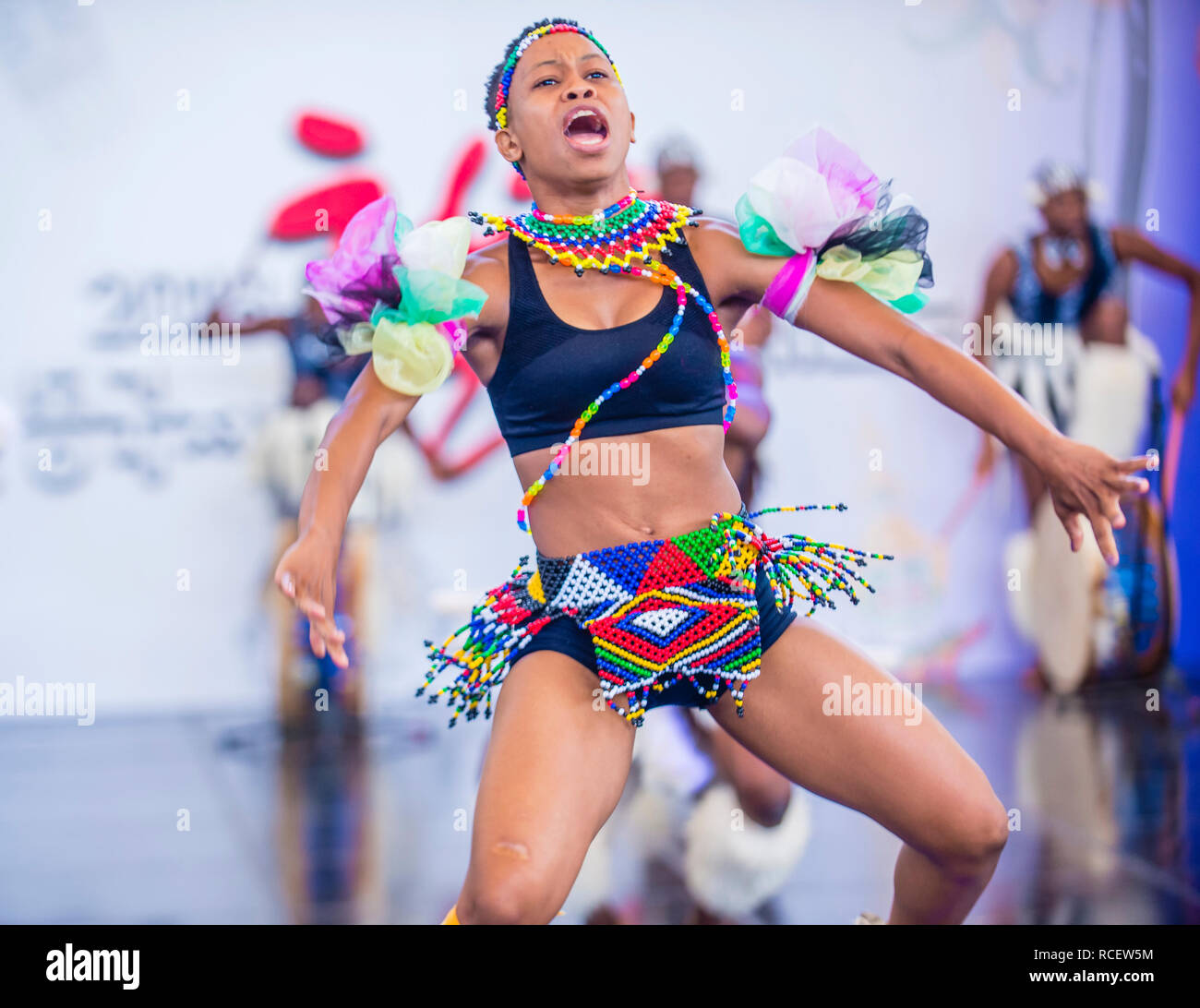 South African dancers from Amazebra Folklore Dance Ensemble perform at the Maskdance festival held in Andong South Korea Stock Photo