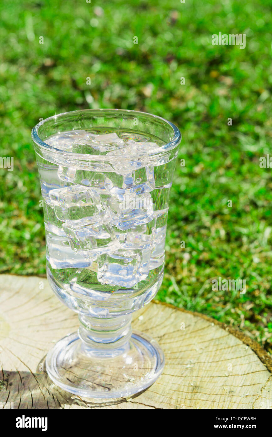 Fresh drink water with ice in glass on nature background, vertical shot ...