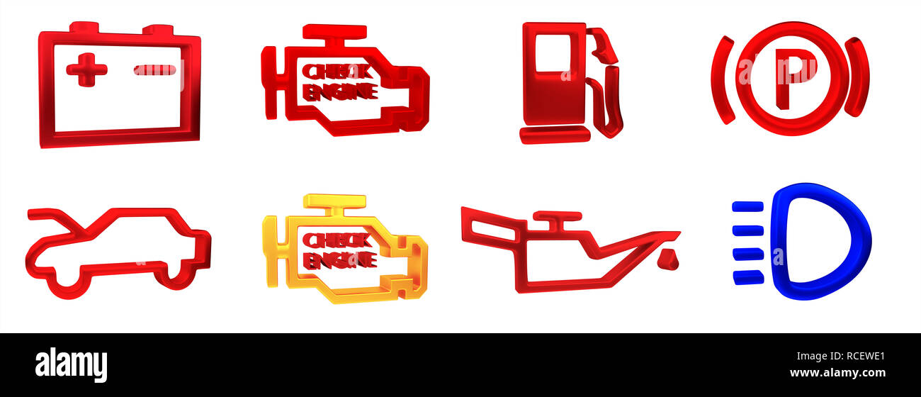 3D rendering. Collection of car dashboard panel indicators, yellow red