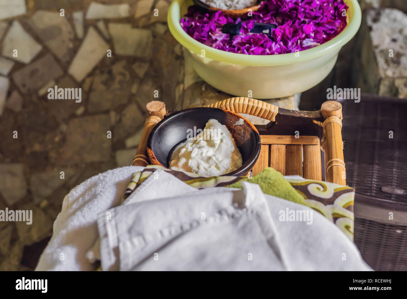 Homemade mask made of sour cream greek yogurt and olive oil. Diy