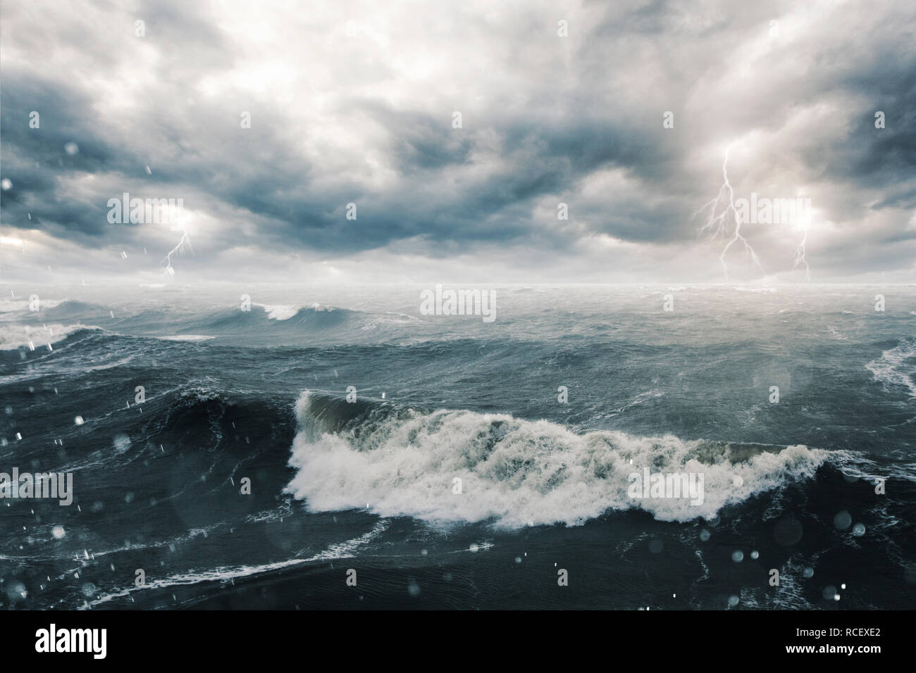 Stormy seascape with high waves and lightning strikes Stock Photo - Alamy