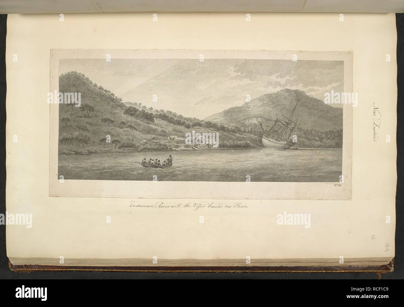 [Whole folio] A view of the Endeavour River, New Holland, with the Endeavour laid on shore, in order to repair the damage which she received on the rocks; June-July 1770. The first known landscape of Australia. Engraving by William Byrne, probably after a lost drawing by Sydney Parkinson. A Collection of Drawings made in the Countries visited by Capt. Cook in his First Voyage. 1768-1771. 1773. Source: Add. 23920, f.36. Language: English. Stock Photo