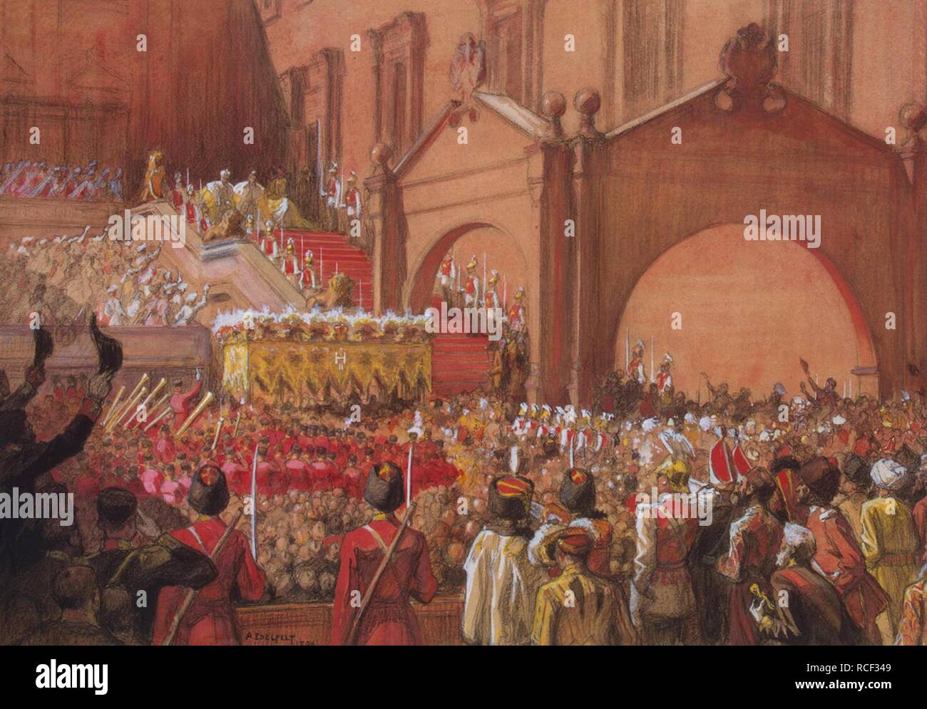 Emperor Nicholas II on the Red Porch after his Coronation. Museum: State Hermitage, St. Petersburg. Author: Edelfelt, Albert Gustaf Aristides. Stock Photo
