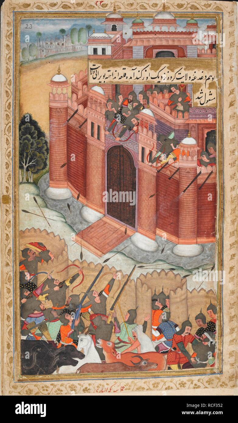 Baburâ€™s troops defying the enemy at the fort of Qaba (1494) (Nand Gwaliori). Vaki'at-i Baburi, the Memoirs of Babur, translated from the Turki original by Mirza 'Abd al-Rahim, Khan-i khanan. One hundred and forty-three miniatures (mostly with attributions). c.1590. Opaque watercolour. Mughal style; Mughal/Akbar style. Source: Or. 3714 Vol.1 f.23. Stock Photo