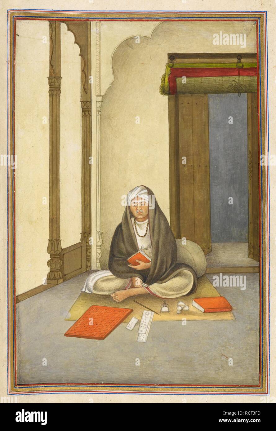 An astrologer with his divination board. Tashrih al-aqvam, an account of origins and occupations of some of the sects, castes and tribes of India. Written at Hansi Cantonment, Hissar District, eighty-five miles north-west of Delhi for Colonel James Skinner. 1825. Source: Add. 27255, f.106v. Language: Persian. Author: ANON. Stock Photo