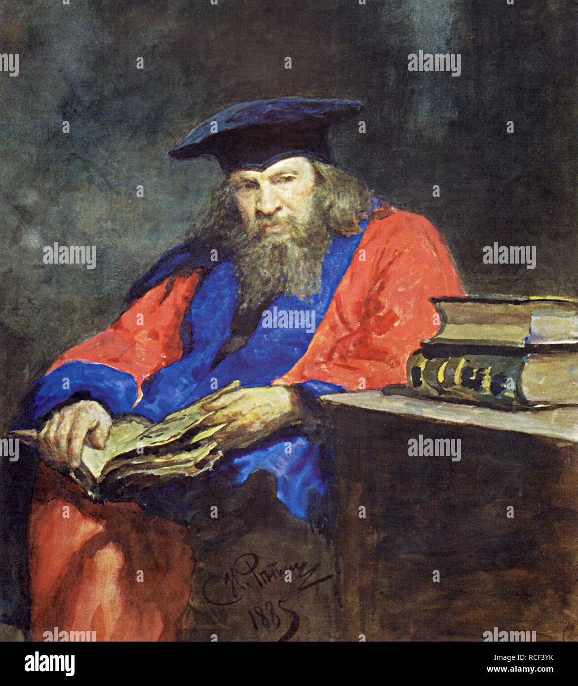 Portrait of Dmitri Mendeleev in the dress of the University of Edinburgh. Museum: State Tretyakov Gallery, Moscow. Author: REPIN, ILYA YEFIMOVICH. Stock Photo