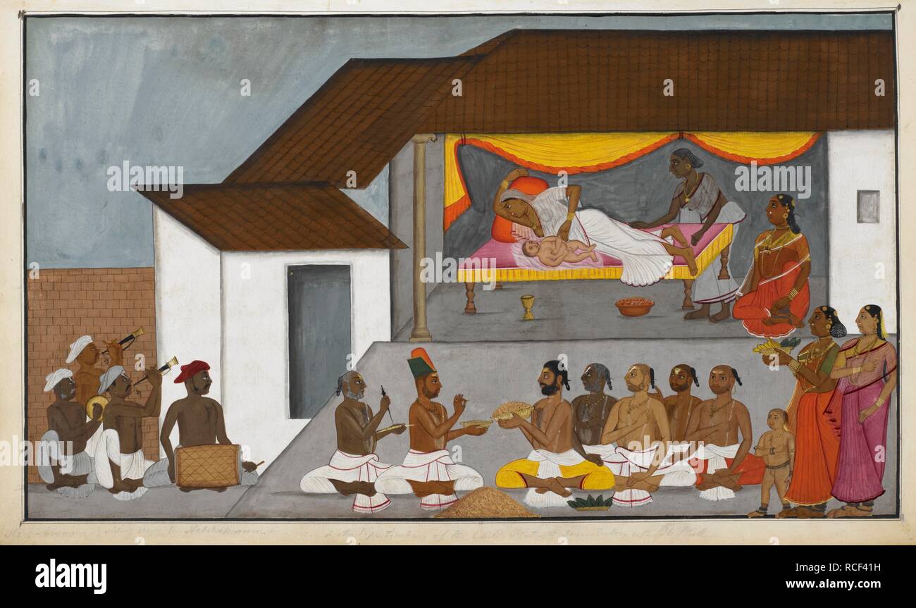 The Brahmin nativity ceremony. From an album of 38 watercolour drawings of ceremonies undertaken during the life of a Brahmin. The Lives of the Brahmins. c.1820. Source: Add.Or.4319. Stock Photo