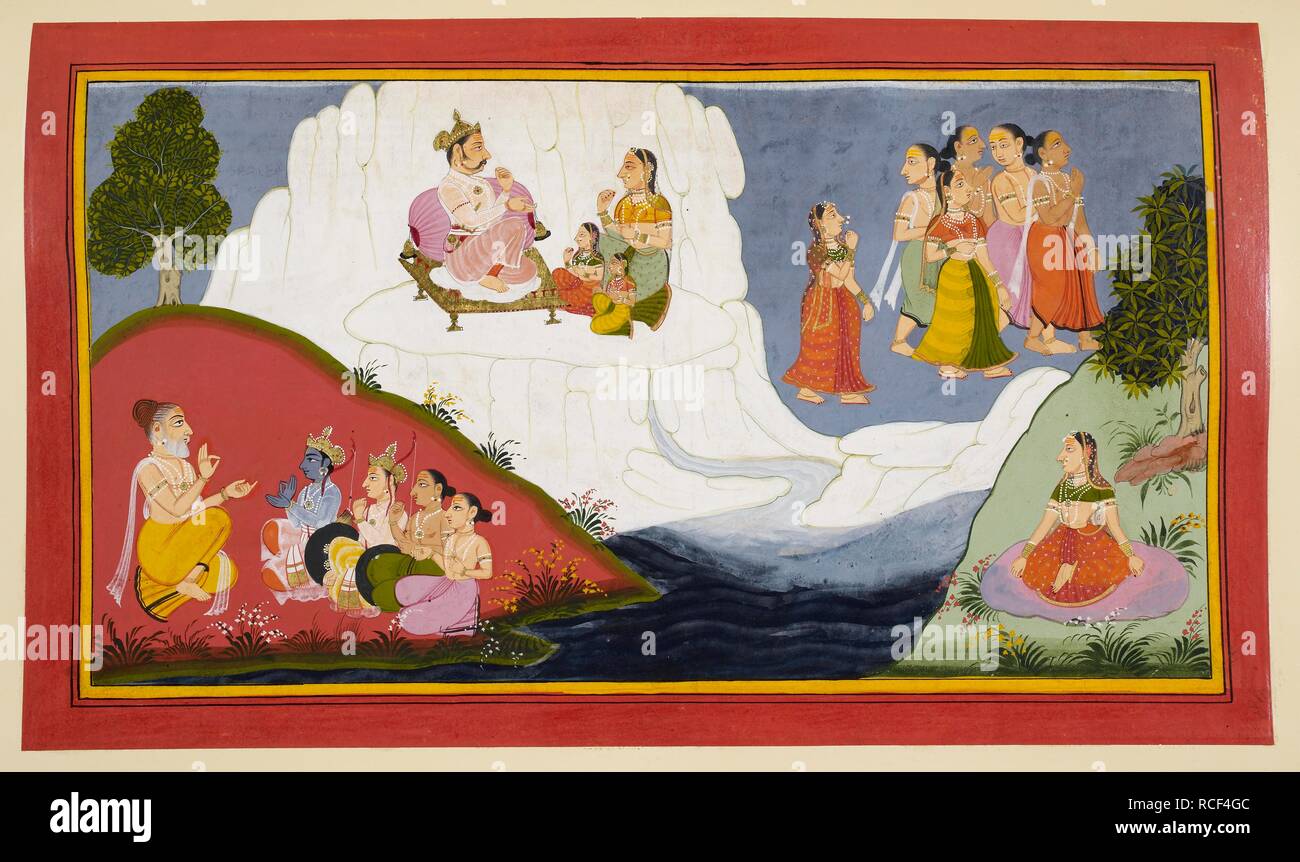 The story of the Ganges. Ramayana, Bala Kanda. Udaipur, 1712. In the bottom left of the folio Rama asks Visvamitra to tell him the story of the river Ganges. In the centre of this folio Himavat, the Lord of the mountains, is seated on a throne on an icy mountain peak in the Himalayas with his wife and two daughters Ganga and Uma. Ganga is shown acompanying the Gods to heaven on the right while Uma is shown practising penance below.  Image taken from Ramayana, Bala Kanda.  Originally published/produced in Udaipur, 1712. . Source: Add. 15295, f.98. Language: Sanskrit. Stock Photo