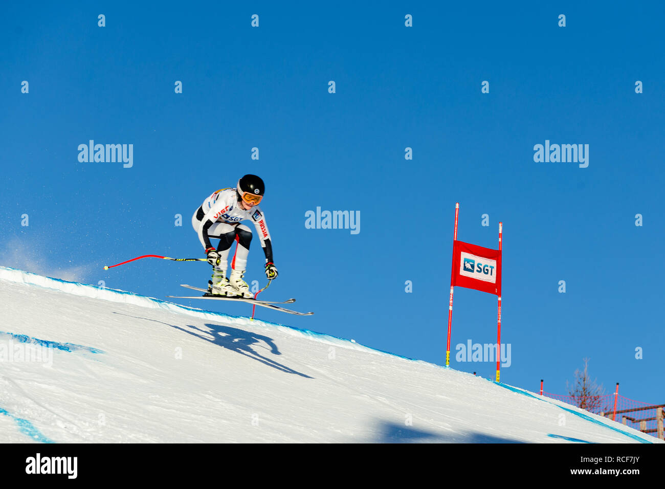 Magnitogorsk, Russia - December 18, 2018: women athlete racer in downhill skiing during National championship alpine skiing Stock Photo