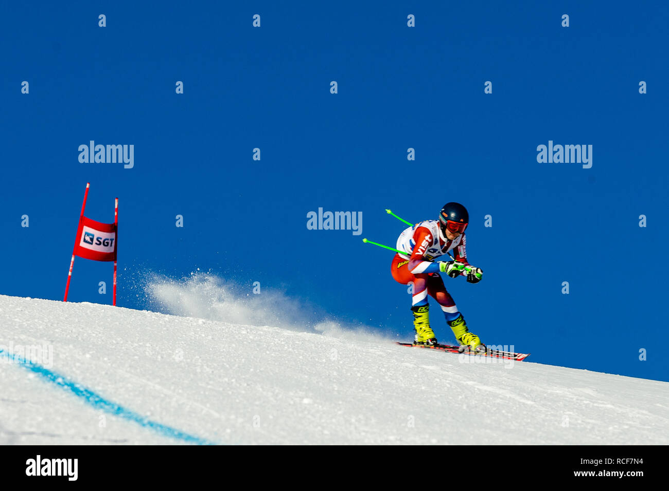Magnitogorsk, Russia - December 18, 2018: men athlete racer in downhill skiing during National championship alpine skiing Stock Photo