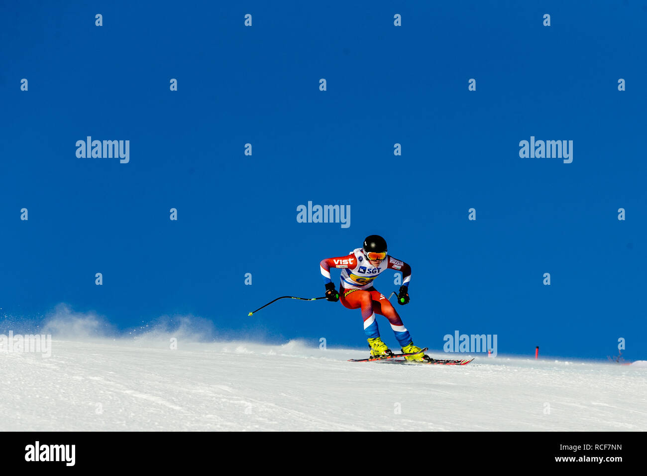 Magnitogorsk, Russia - December 18, 2018: men athlete racer in downhill skiing during National championship alpine skiing Stock Photo
