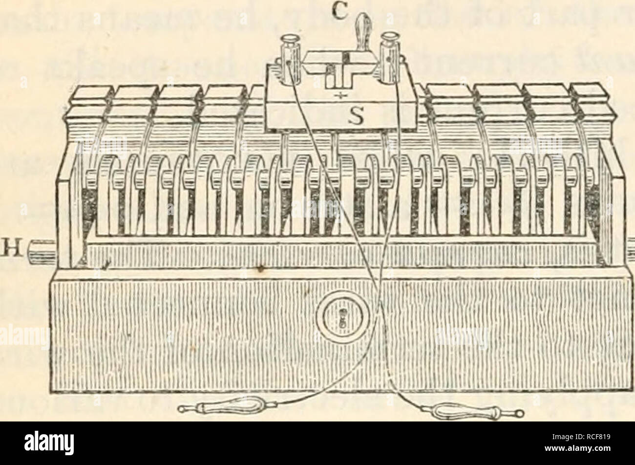 . The elements of physiological physics: an outline of the elementary facts, principles, and methods of physics; and their applications in physiology. Biophysics. PHYSIOLOGICA L PH [Chap. XV.. Fig. 78.—Stohrer's Battery. For the constant current, types of batteries may be taken in the STOHRER and the LECLA.NCHE. Stohrer's battery is figured in Fig. 78. It consists of a case containing twenty to thirty cells of vulcanite containing a plate of carbon and a plate of zinc, the cell being half full of dilute sul- phuric acid with a little bisul- phate of mercury for keeping the zincs amalga- mated Stock Photo