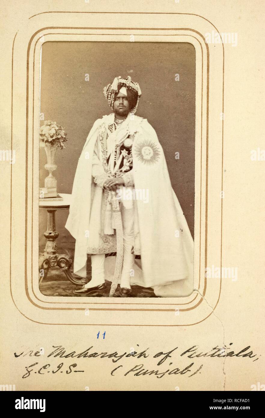 Patiala: Mahendra Singh. c.1870. Patiala: Mahendra Singh, Maharaja of Patiala (1852-1876). Portrait. Full-length standing carte-de-visite portrait, wearing robes and order of the Star of India.  Originally published/produced in c.1870. . Source: OIOC Photo 1271(11),. Author: Bourne & Shepherd. Stock Photo